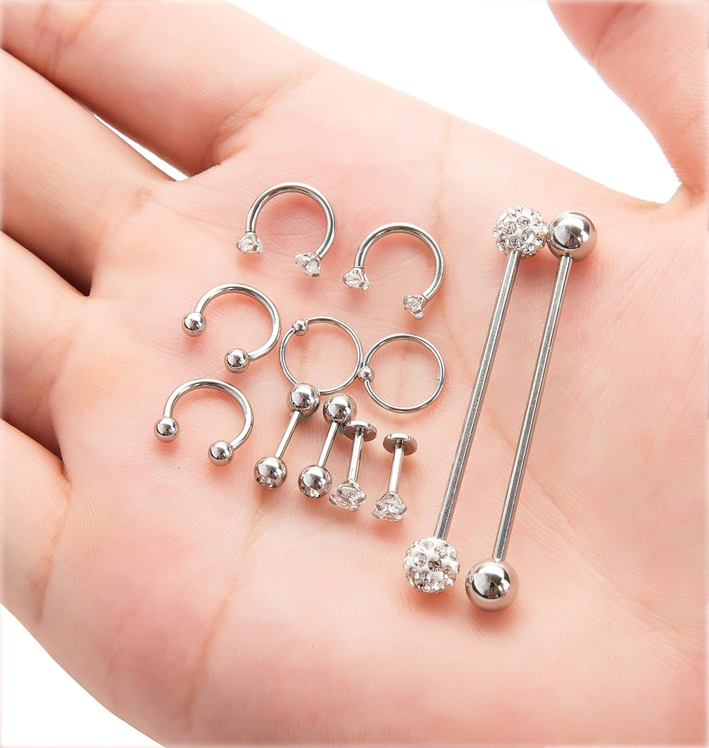 12Pcs Stainless Steel Industrial Barbell Cartilage Piercing Earrings - QIAO CrystalQIAO CrystalQIAO Crystal