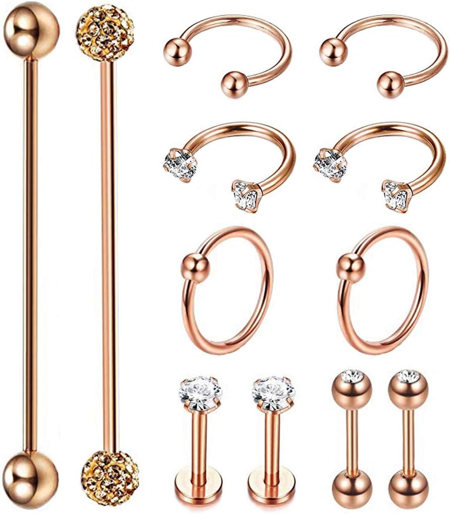 12Pcs Stainless Steel Industrial Barbell Cartilage Piercing Earrings - QIAO CrystalQIAO CrystalQIAO Crystal