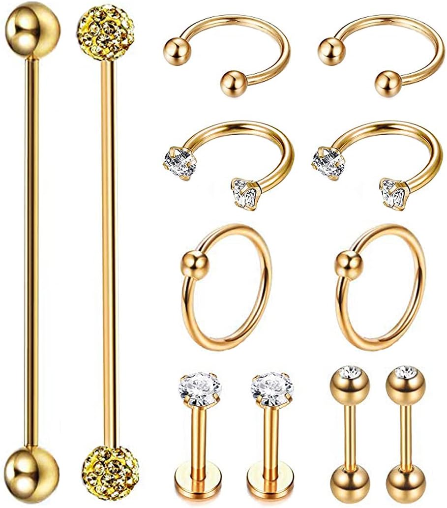 12Pcs Stainless Steel Industrial Barbell Cartilage Piercing Earrings - QIAO CrystalQIAO CrystalQIAO Crystal