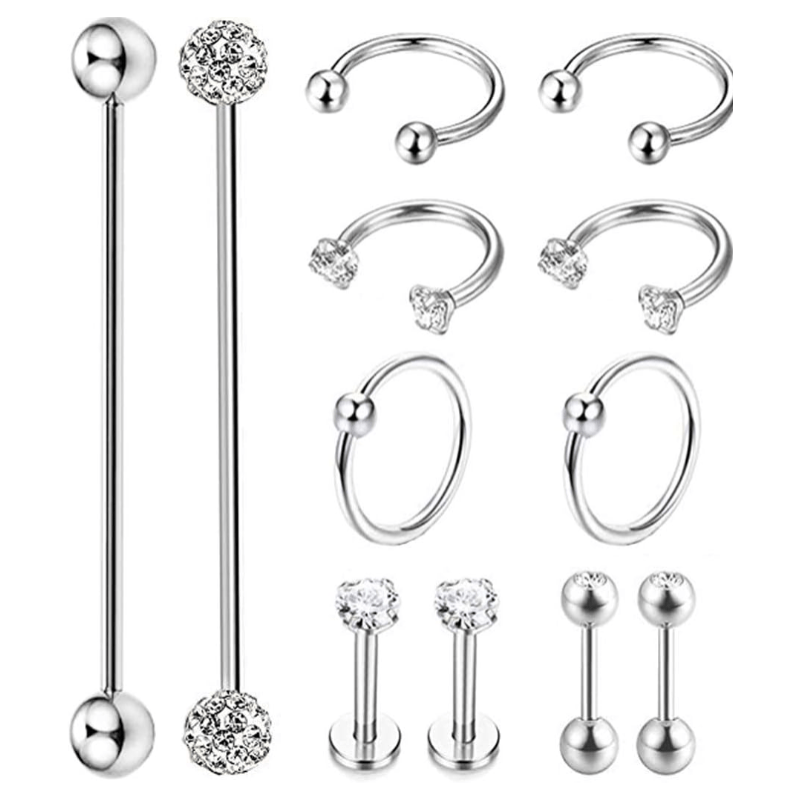 12Pcs Stainless Steel Industrial Barbell Cartilage Piercing Earrings - QIAO CrystalQIAO CrystalQIAO Crystal