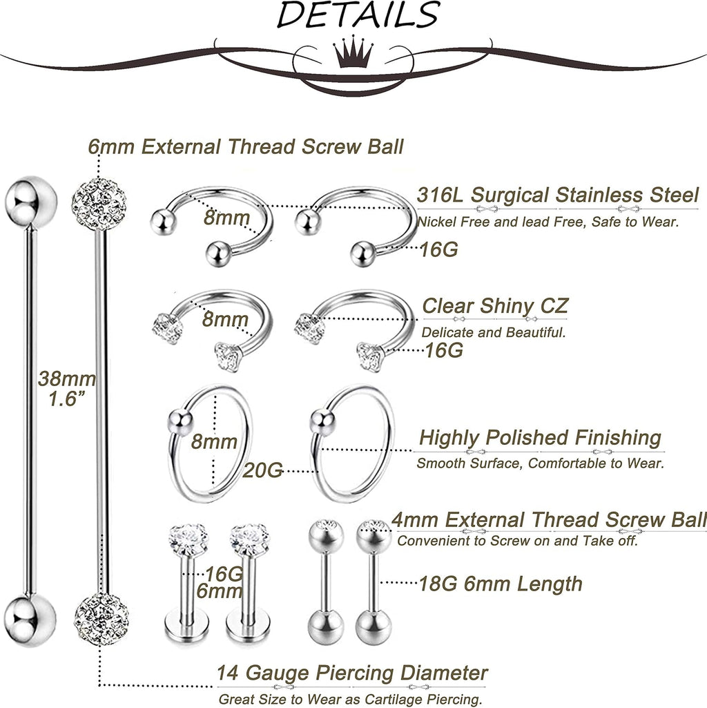 12Pcs Stainless Steel Industrial Barbell Cartilage Piercing Earrings - QIAO CrystalQIAO CrystalQIAO Crystal