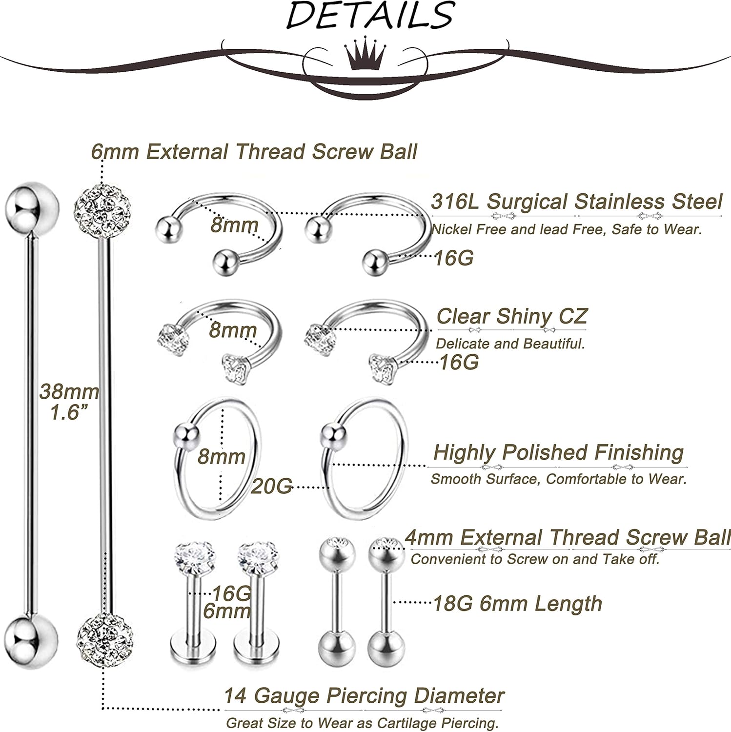 12Pcs Stainless Steel Industrial Barbell Cartilage Piercing Earrings - QIAO CrystalQIAO CrystalQIAO Crystal