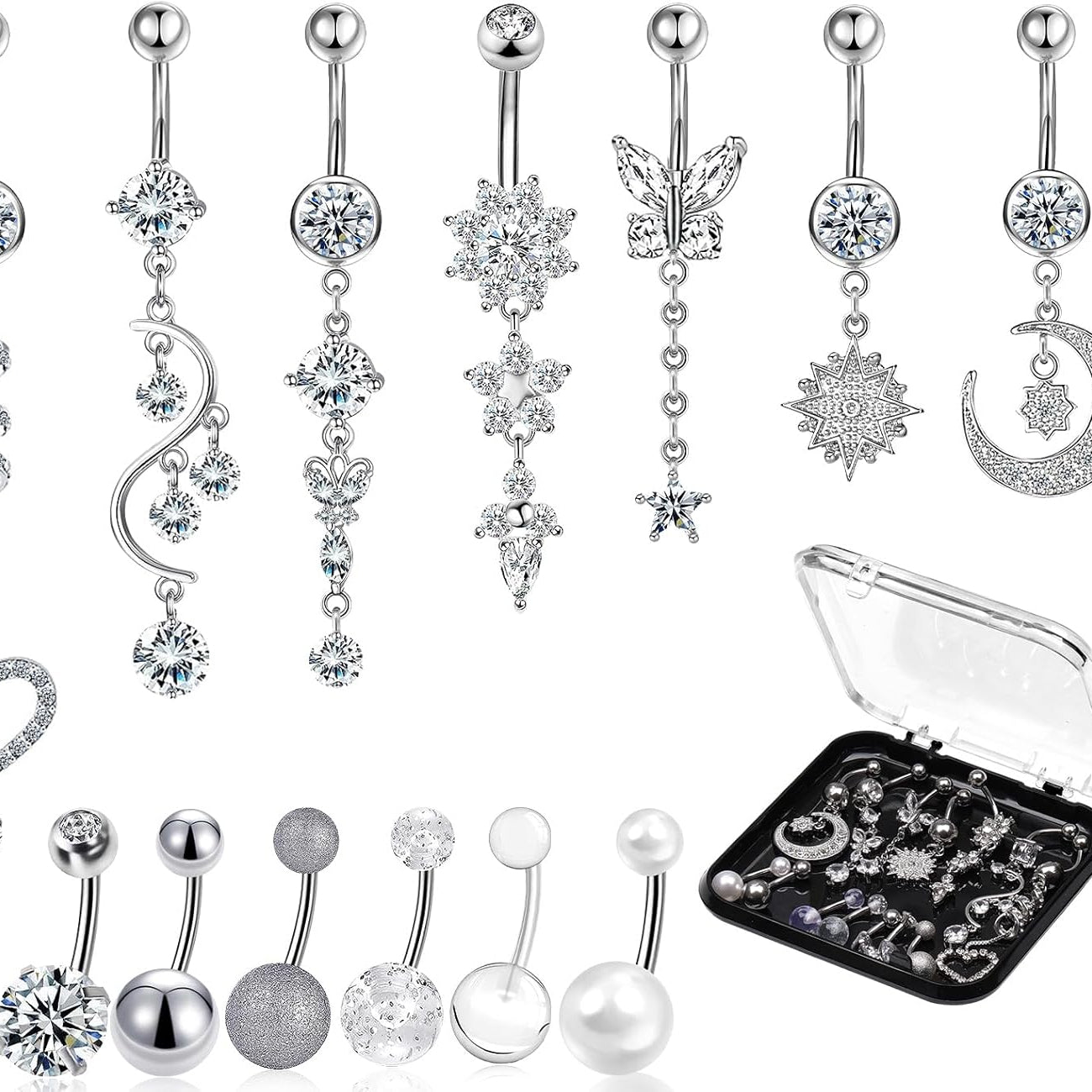 14 PCS Belly Button Rings for Women, 14G Long Dangle Navel Ring Screw Bar Design Body Piercing Jewelry Belly Rings Gifts - 我的商店我的商店我的商店