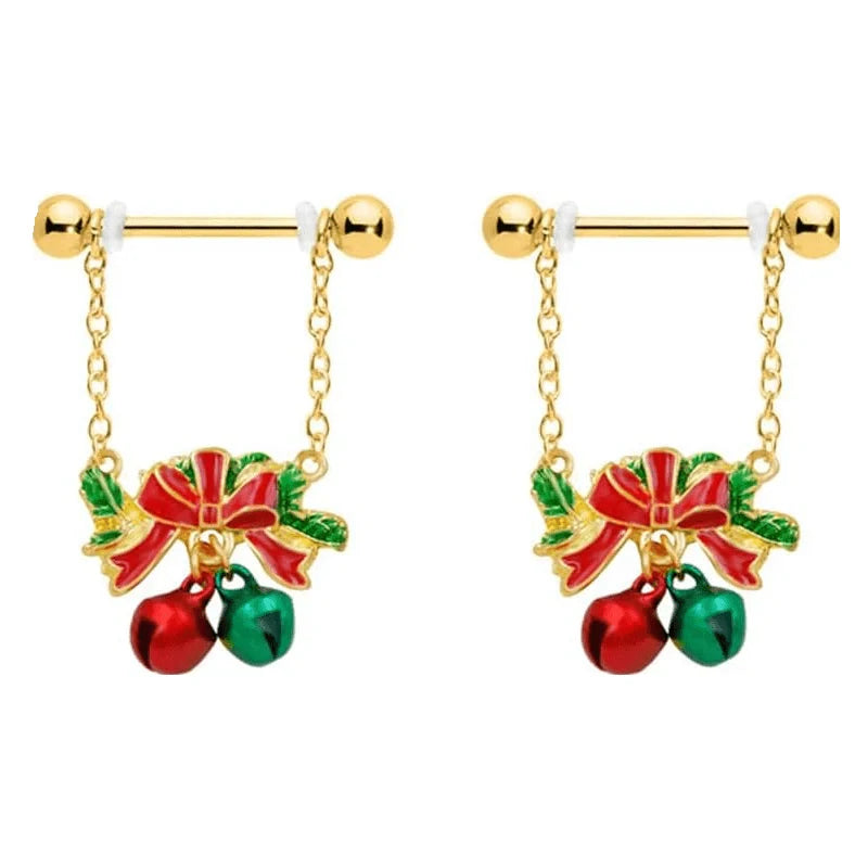 14G Christmas Jingle Bell Red and Green Bells with Red Bow Dangle Charm Nipple Rings