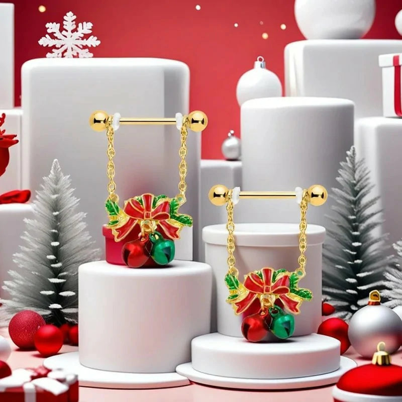 14G Christmas Jingle Bell Red and Green Bells with Red Bow Dangle Charm Nipple Rings