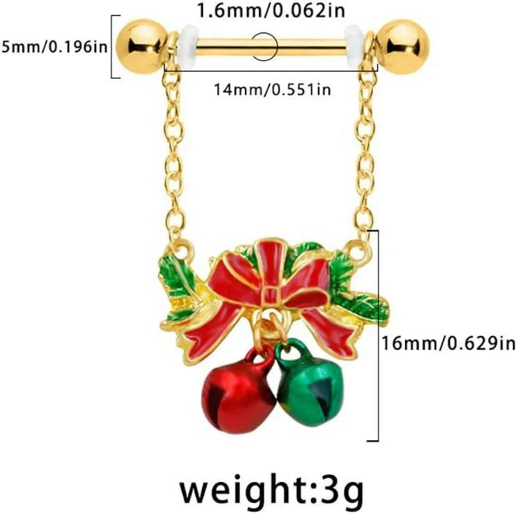 14G Christmas Jingle Bell Red and Green Bells with Red Bow Dangle Charm Nipple Rings