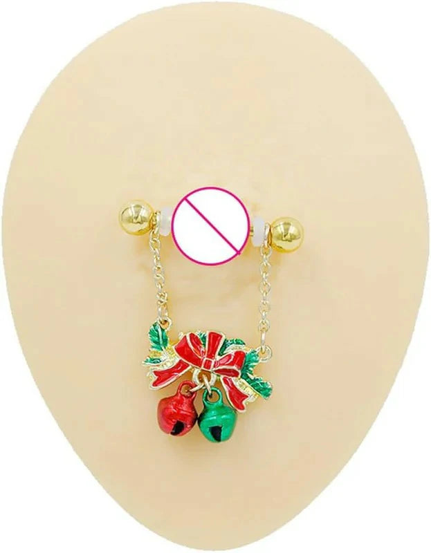 14G Christmas Jingle Bell Red and Green Bells with Red Bow Dangle Charm Nipple Rings