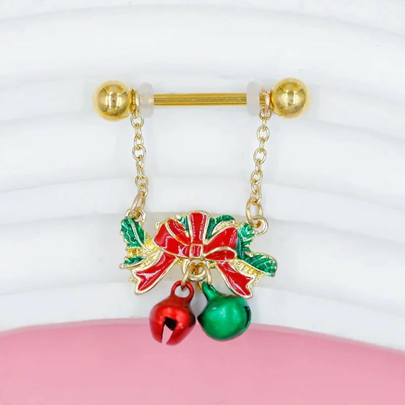 14G Christmas Jingle Bell Red and Green Bells with Red Bow Dangle Charm Nipple Rings