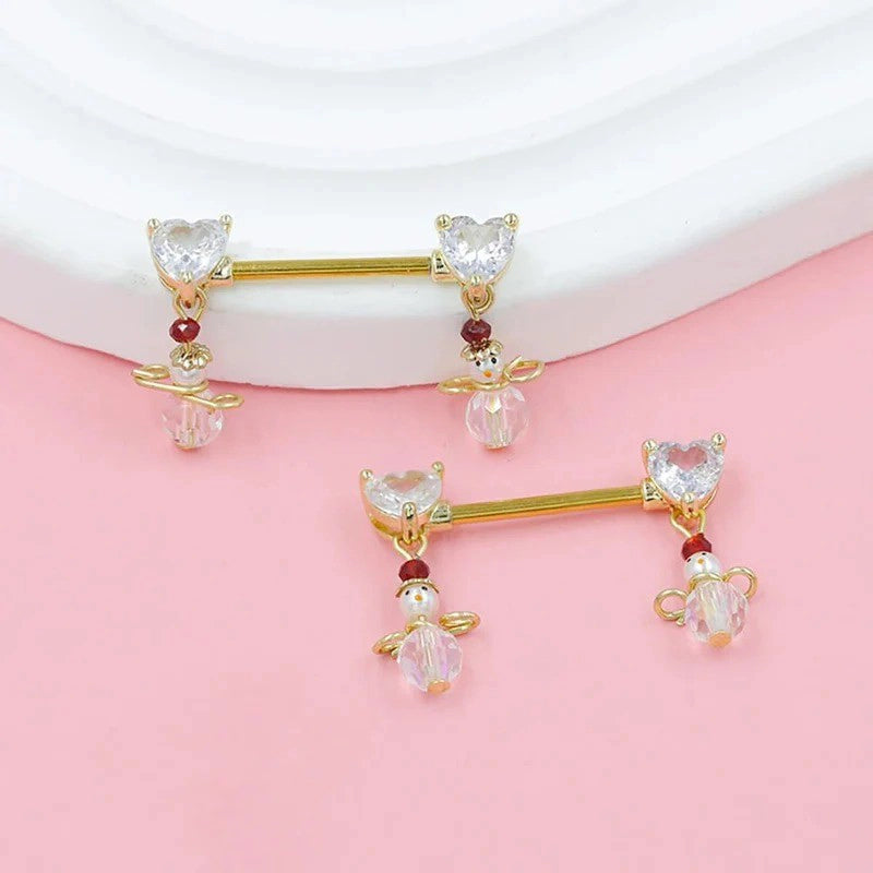 14G Christmas Snowman Dangle Nipple Rings Heart Nipplerings Barbell Dangling Charm Nipple