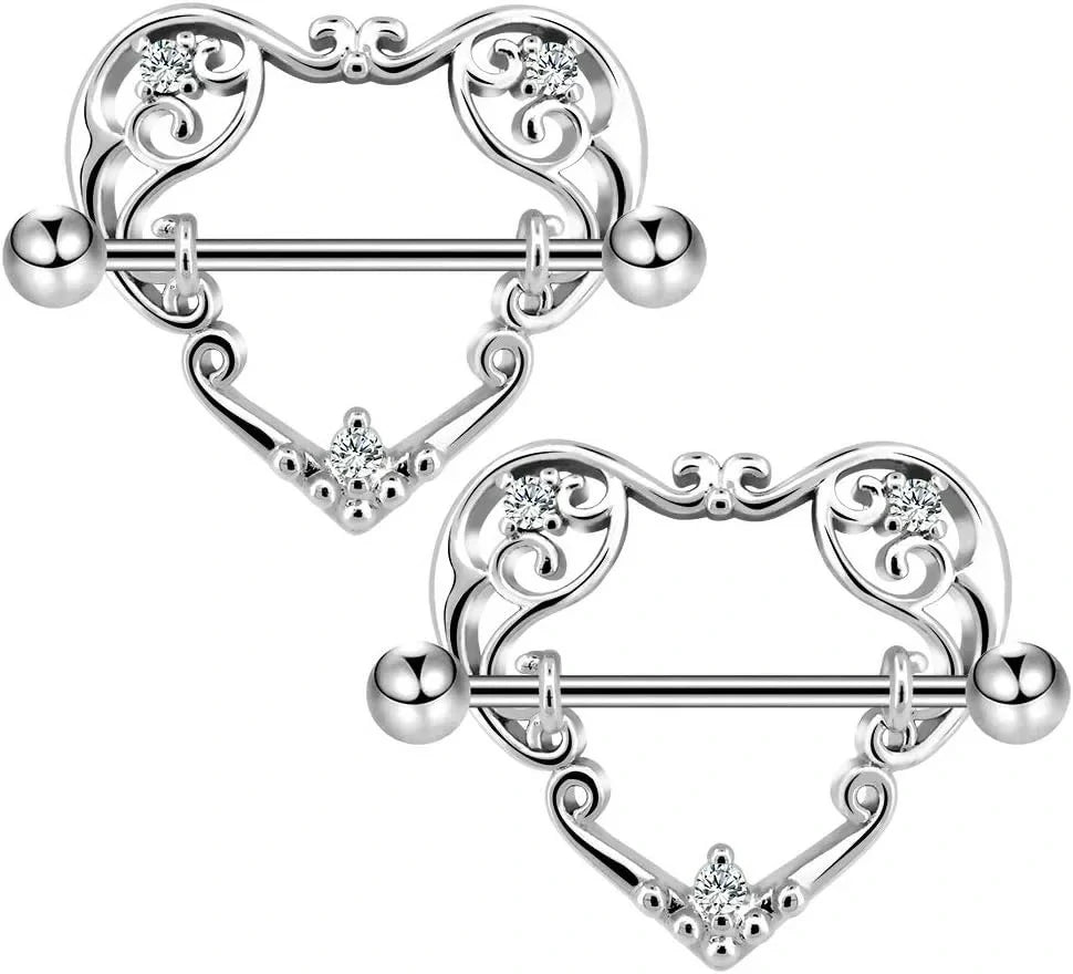 14G Heart Surgical Steel CZ Nipple Piercings Nipple Barbells Nipple Bars Gold Silver