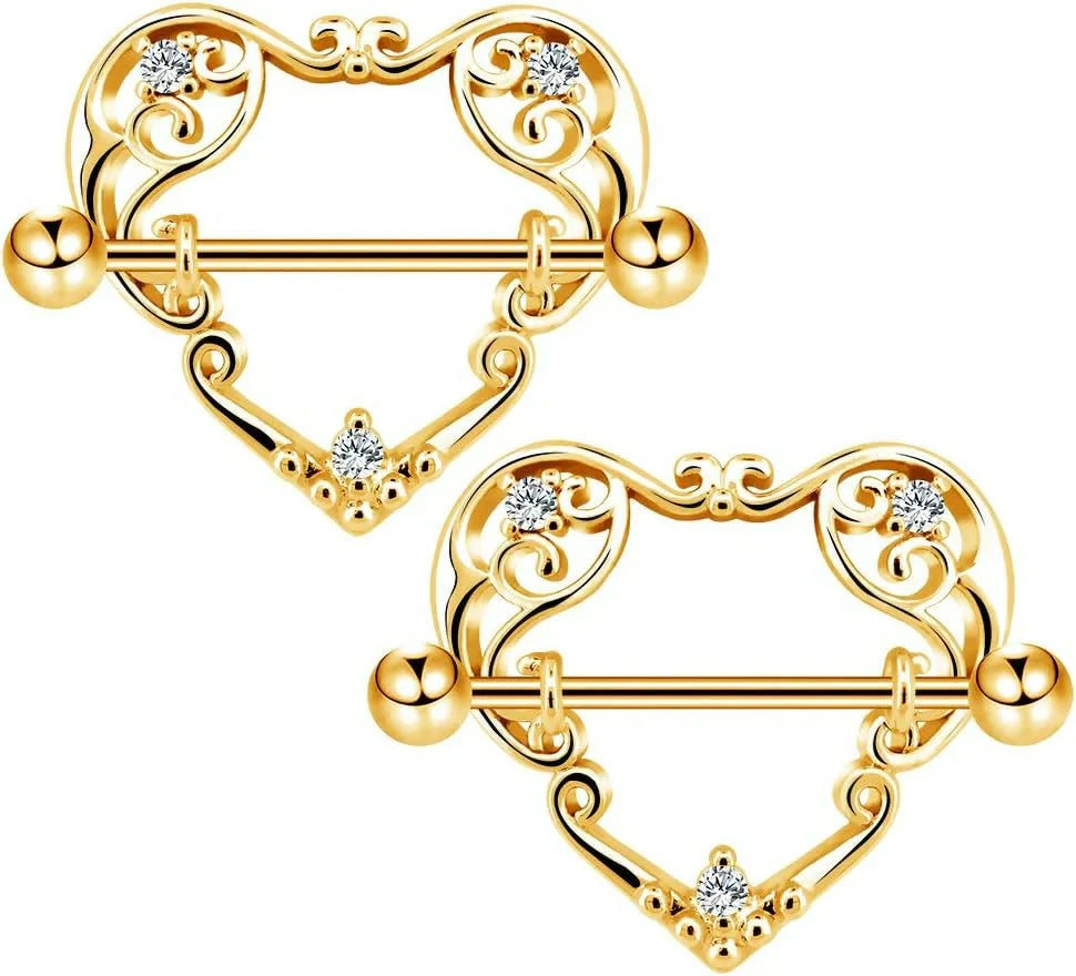 14G Heart Surgical Steel CZ Nipple Piercings Nipple Barbells Nipple Bars Gold Silver