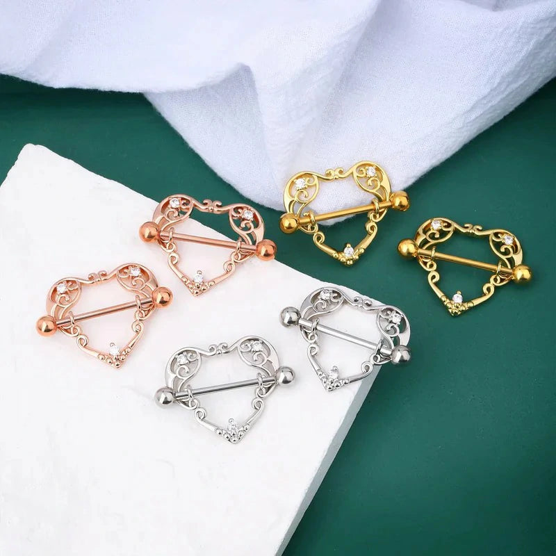 14G Heart Surgical Steel CZ Nipple Piercings Nipple Barbells Nipple Bars Gold Silver
