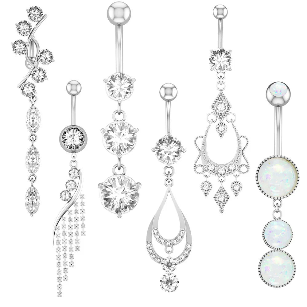 Dangle Belly Button Ring Hypoallergenic Surgical 14G Navel Button Piercing CZ Flower Heart Curved