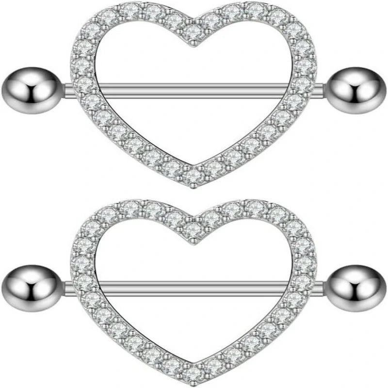 14G Rhinestone Heart Nipple Rings Shiny Cubic Zirconia Hollow Love Heart Nipplerings