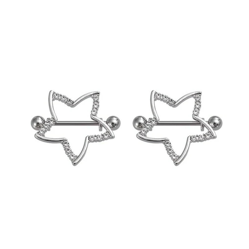 14G Star Nipple Rings Stainless Steel Glitter Cubic Zirconia Star Straight Bar Barbell
