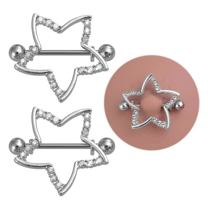 14G Star Nipple Rings Stainless Steel Glitter Cubic Zirconia Star Straight Bar Barbell
