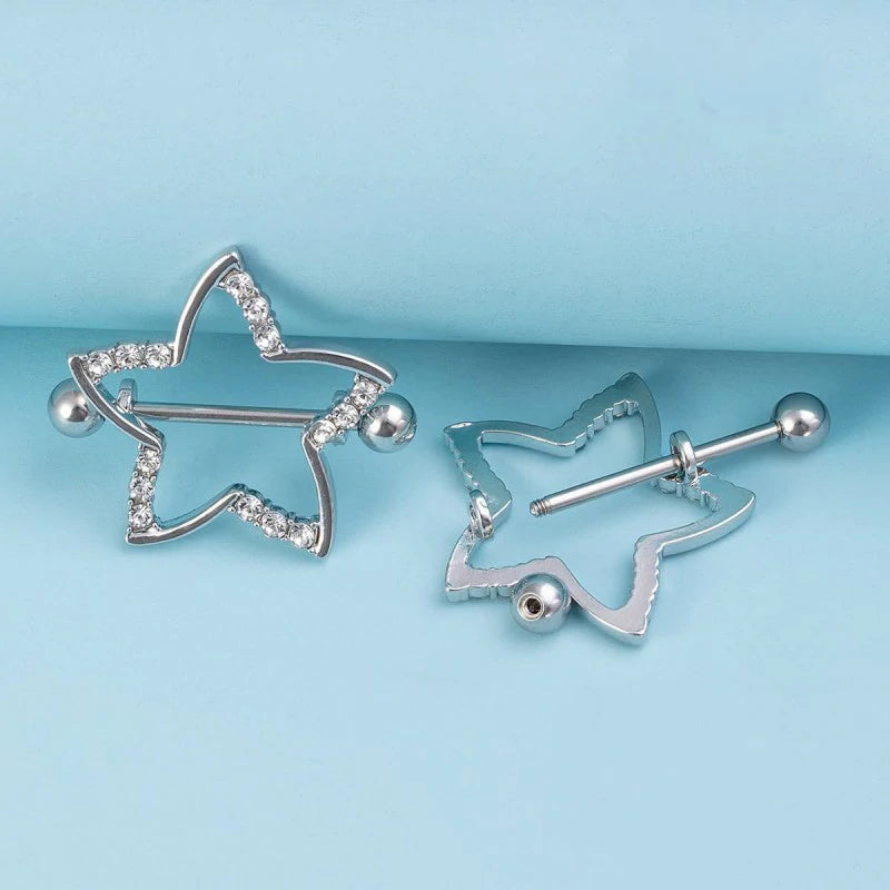 14G Star Nipple Rings Stainless Steel Glitter Cubic Zirconia Star Straight Bar Barbell