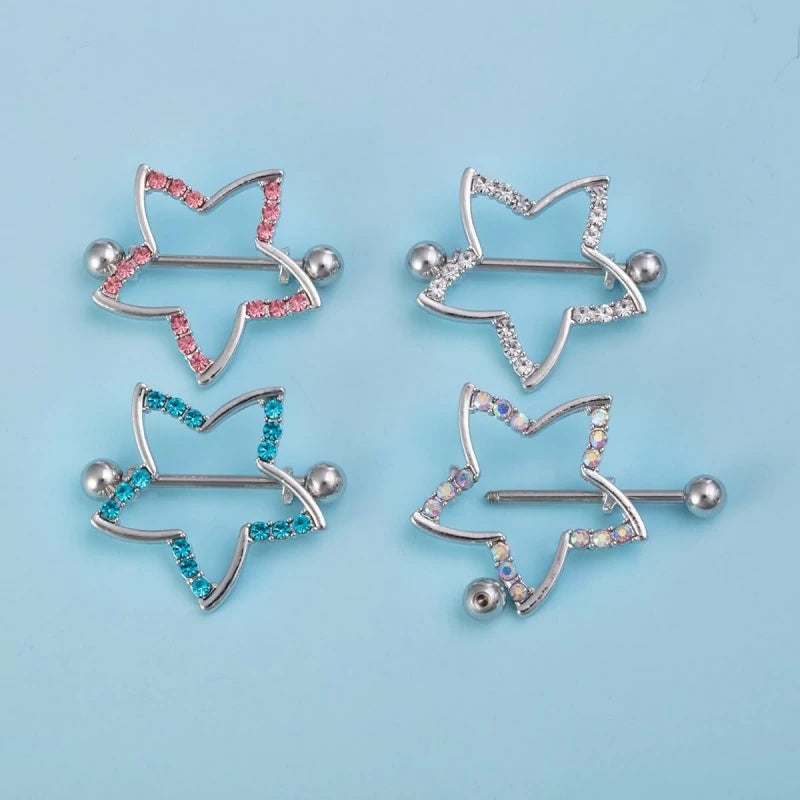 14G Star Nipple Rings Stainless Steel Glitter Cubic Zirconia Star Straight Bar Barbell
