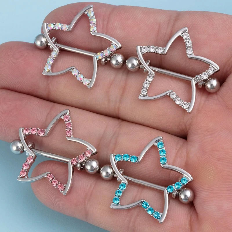 14G Star Nipple Rings Stainless Steel Glitter Cubic Zirconia Star Straight Bar Barbell