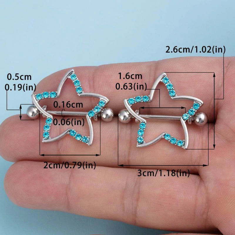14G Star Nipple Rings Stainless Steel Glitter Cubic Zirconia Star Straight Bar Barbell
