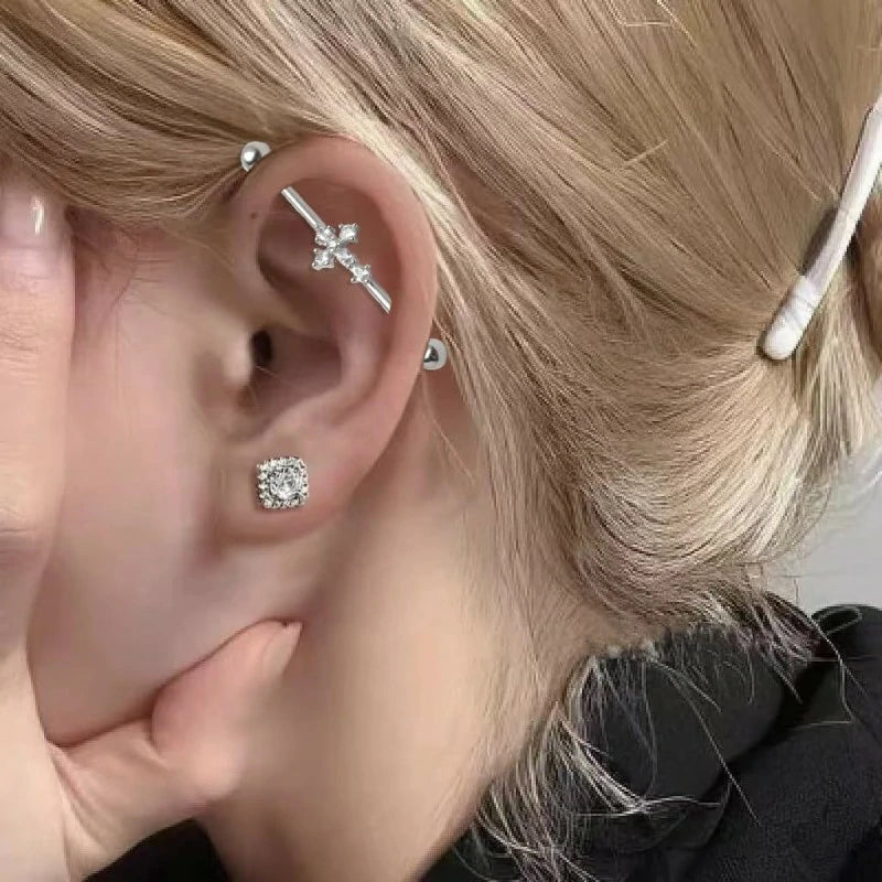 14G Surgical Steel CZ Cross Industrial Barbell Cartilage Earring