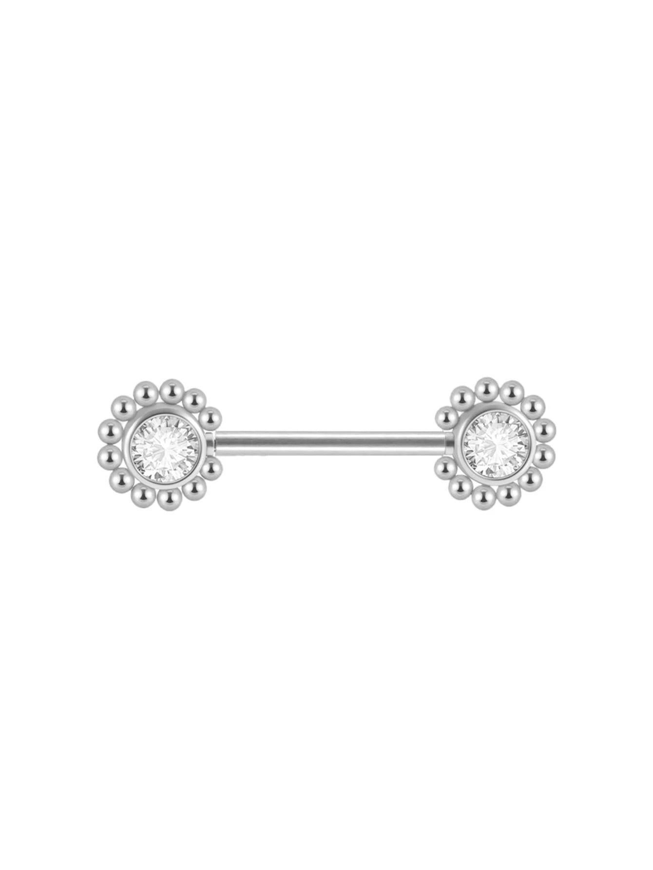 14G Surgical Steel & Gold Plated CZ Gem-Set Flower Petal Nipple Piercing Barbell