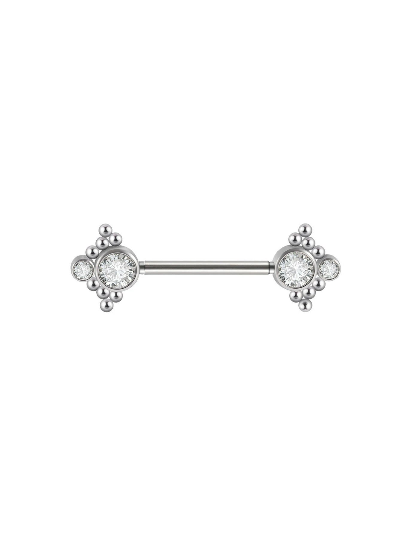 14G Surgical Steel & Gold Plated CZ Gem-Set Flower Petal Nipple Piercing Barbell