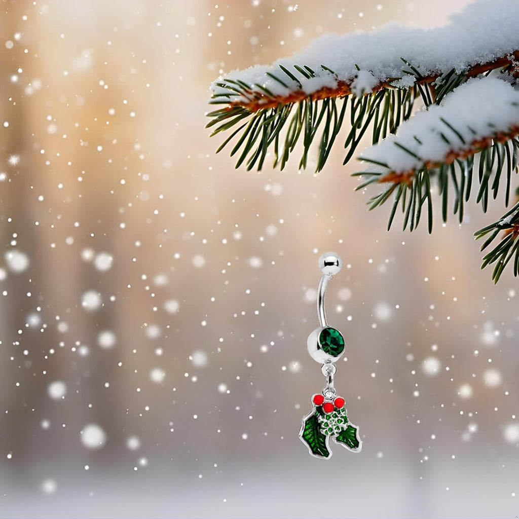 14G 12mm 316L Steel Navel Ring Green Winter Snow Christmas Mistletoe Belly Button Ring 1/2 - 我的商店我的商店我的商店