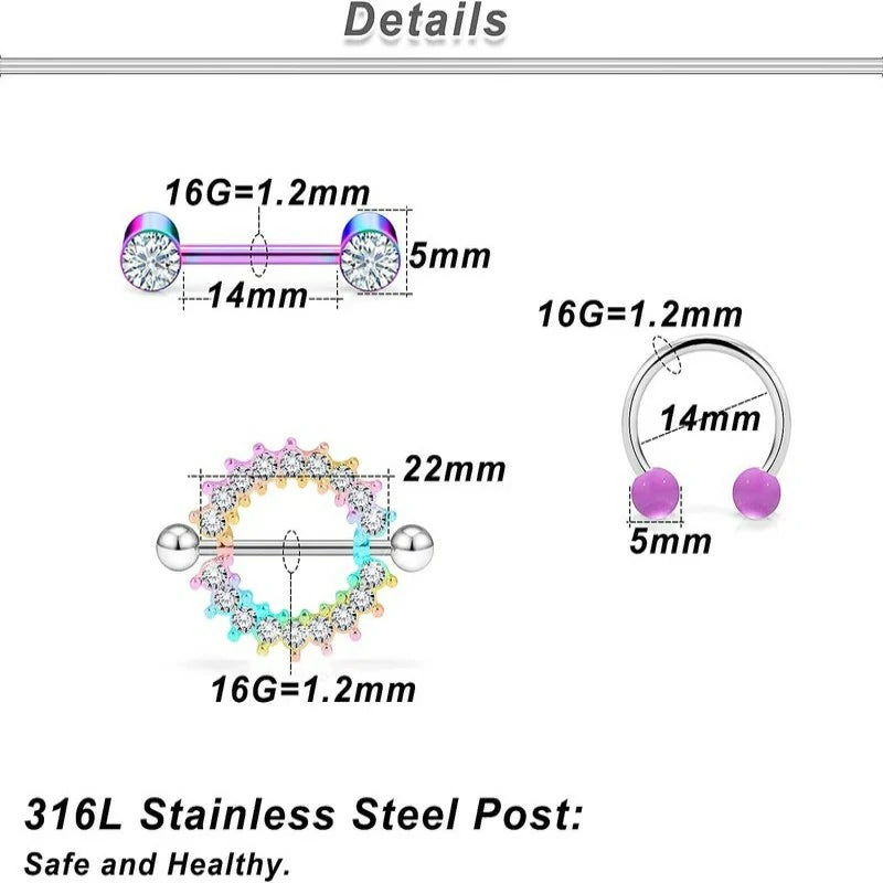 14G 16G Nipple Rings for Women Surgical Steel Purple Nipple Tongue Shield Barbell Ring Bar Nipplerings