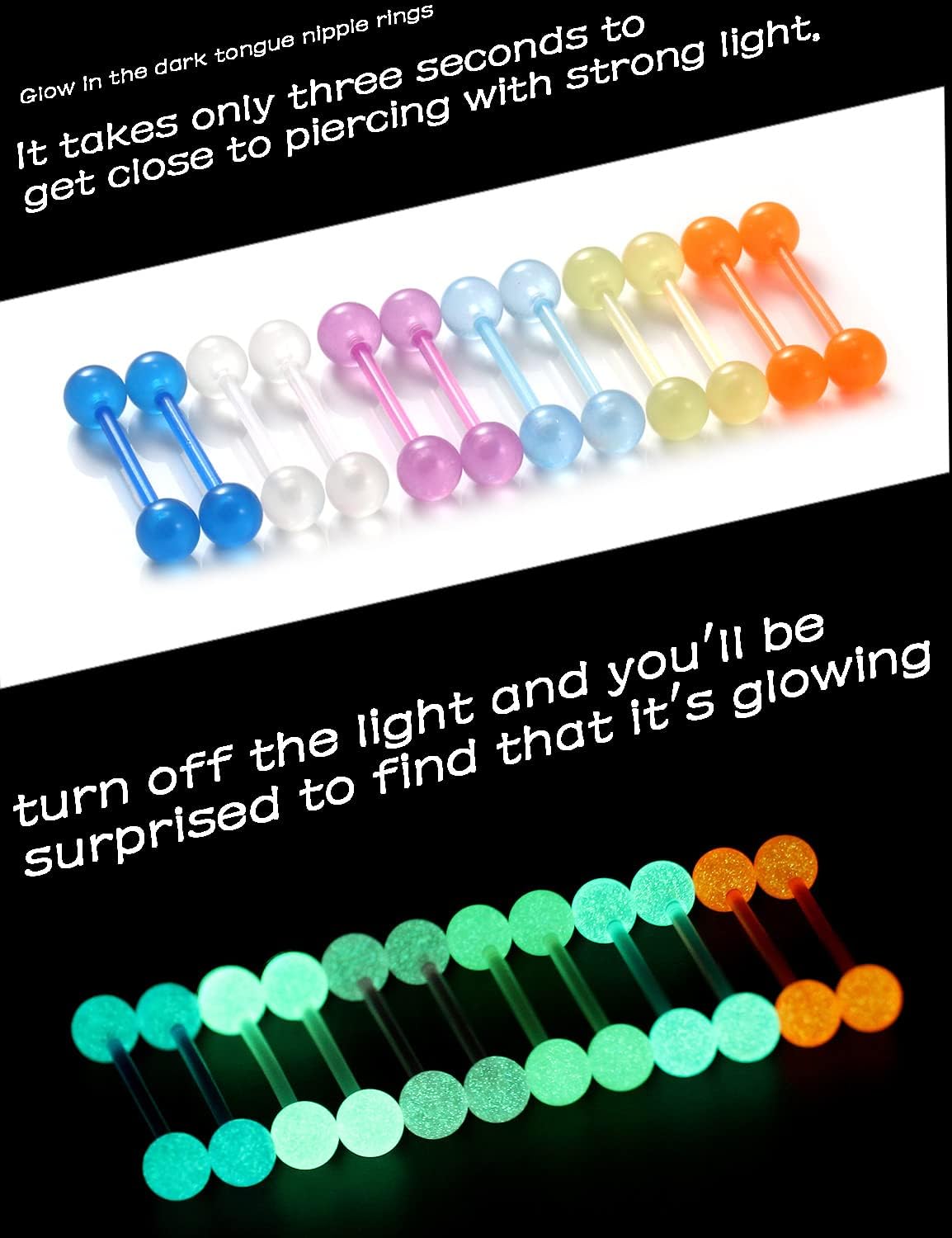 14G 16mm 14mm Glow in Dark Flexible Acrylic Straight Tongue Rings Plastic Nipple Ring Retainer Body Piercing Jewelry for Women Men 24PCS(12Pairs 14 Gauge Piercings - QIAO CrystalQIAO CrystalQIAO Crystal