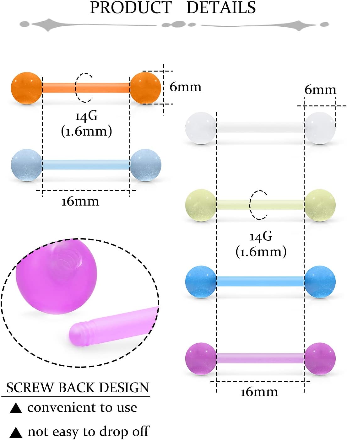 14G 16mm 14mm Glow in Dark Flexible Acrylic Straight Tongue Rings Plastic Nipple Ring Retainer Body Piercing Jewelry for Women Men 24PCS(12Pairs 14 Gauge Piercings - QIAO CrystalQIAO CrystalQIAO Crystal