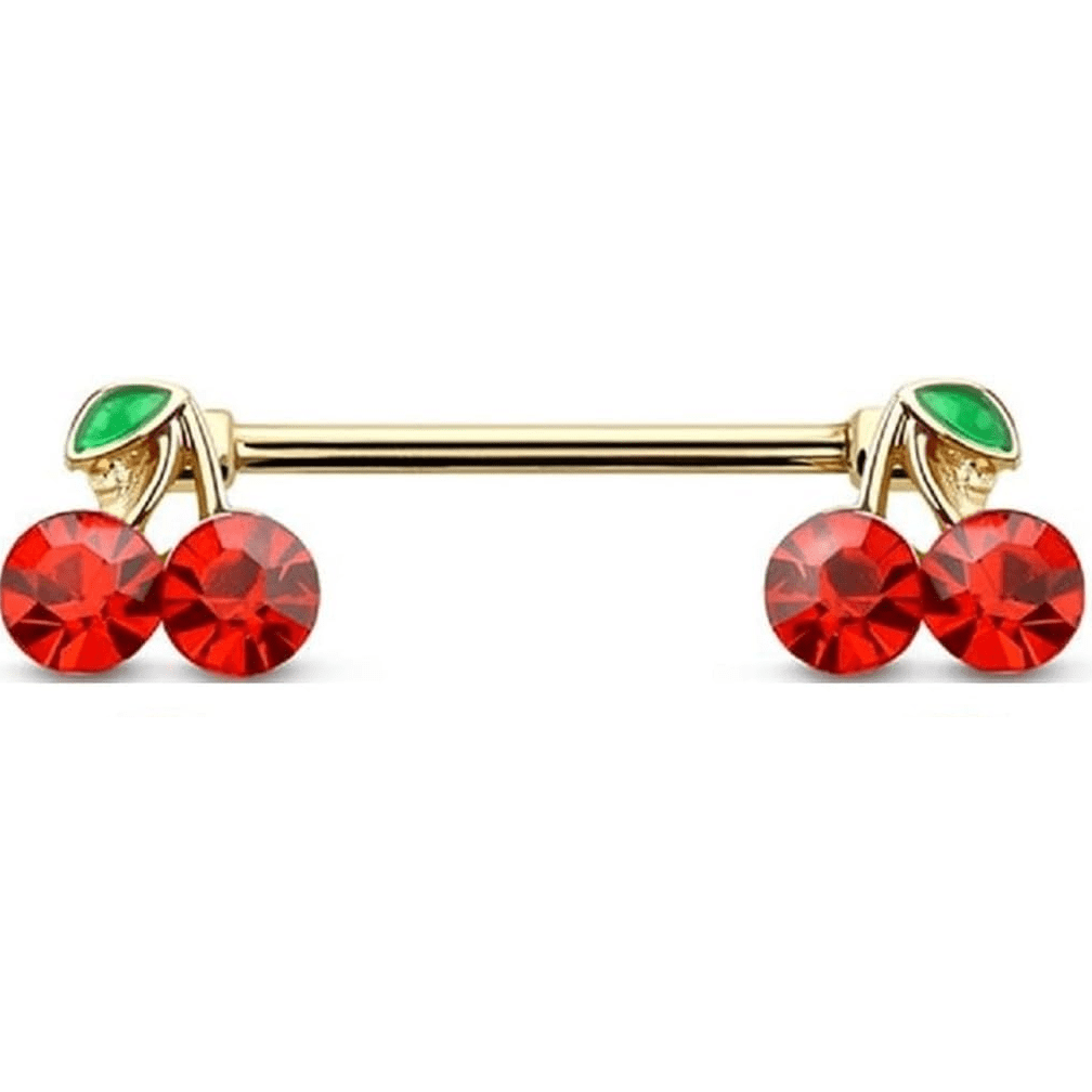 14g 1.6mm Cherry and Leaf Golden Nipple Ring Bar Piercing Barbell - QIAO CrystalQIAO CrystalQIAO Crystal