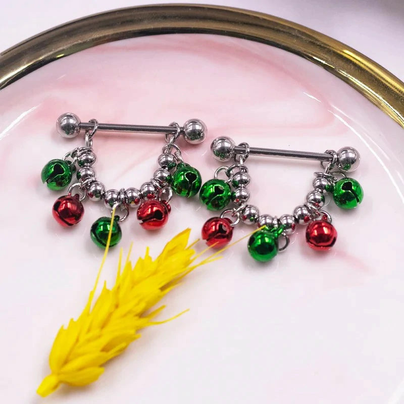14G 316L Christmas Nipple Rings Piercing - Stainless Steel Wreath Barbell