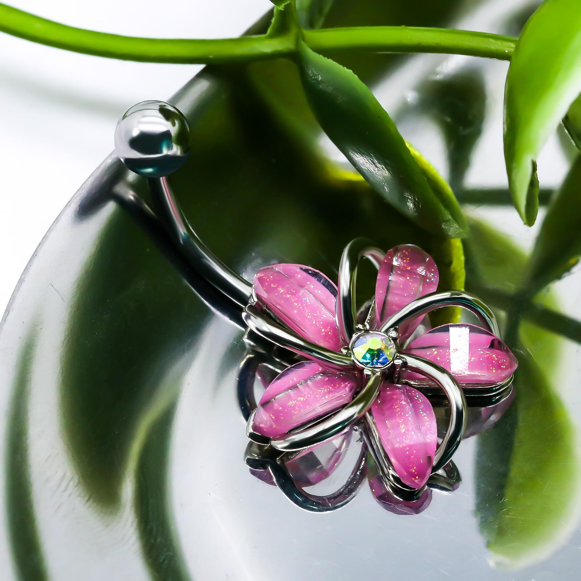 14G 316L Flower Belly Button Ring Surgical Steel Cute Flower Belly Button Ring Body Piercing Jewelry - QIAO Crystal我的商店QIAO Crystal
