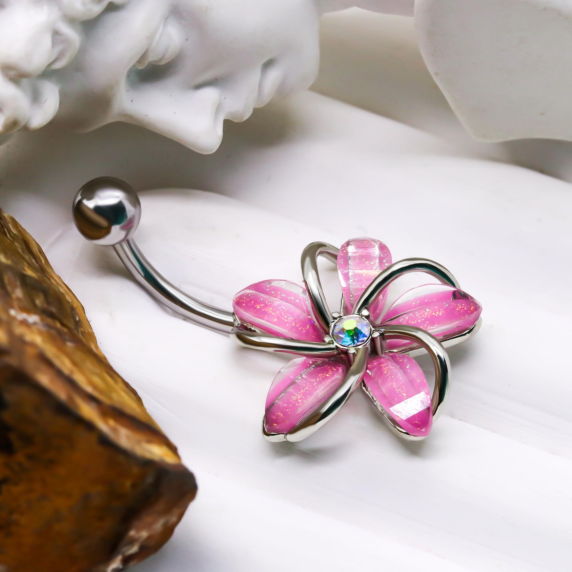 14G 316L Flower Belly Button Ring Surgical Steel Cute Flower Belly Button Ring Body Piercing Jewelry - QIAO Crystal我的商店QIAO Crystal