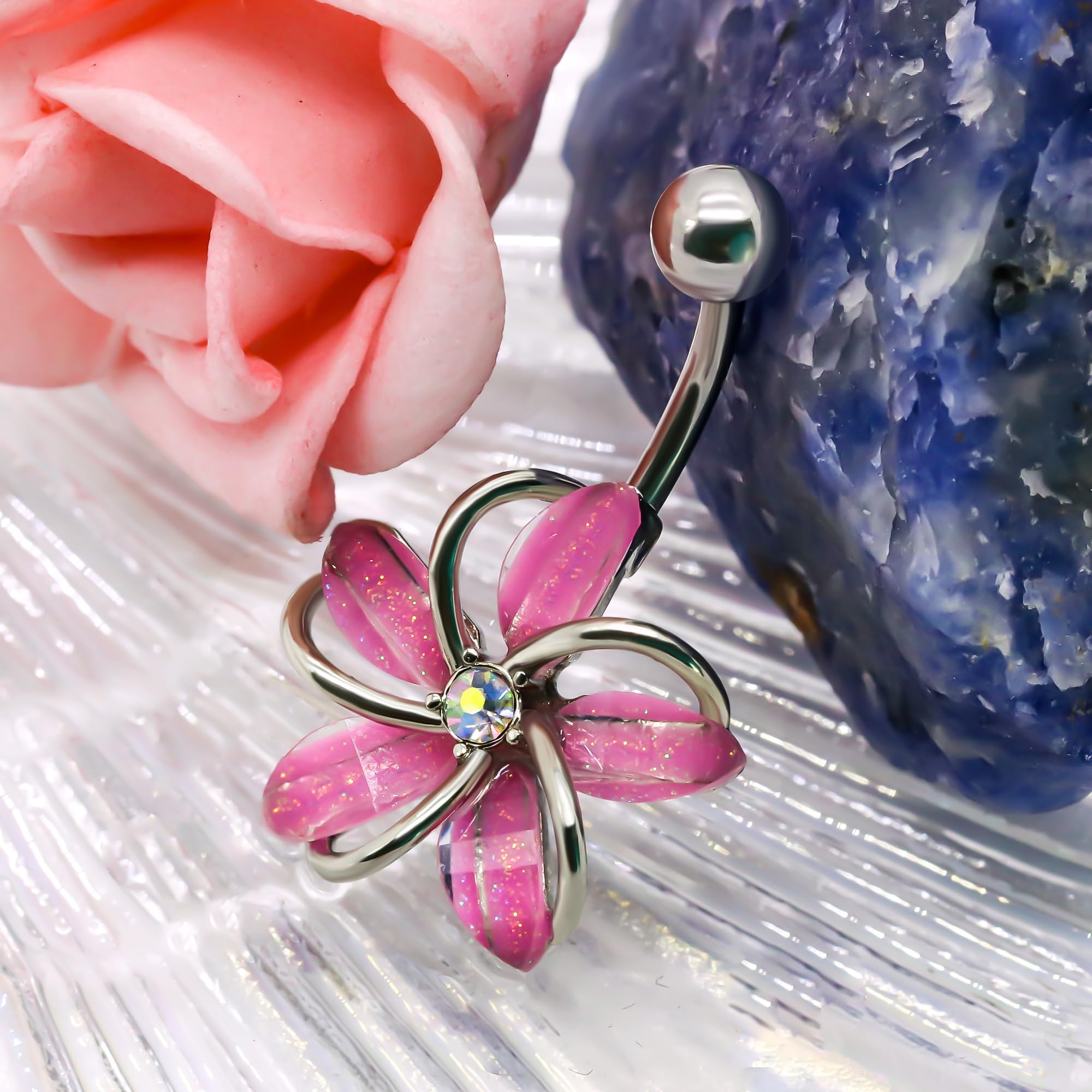 14G 316L Flower Belly Button Ring Surgical Steel Cute Flower Belly Button Ring Body Piercing Jewelry - QIAO Crystal我的商店QIAO Crystal