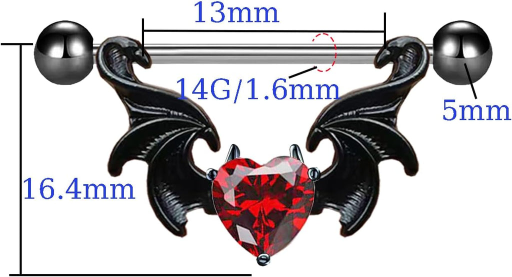 14G 316L Surgial Steel Halloween Devil Heart Nipple Rings Bat Dragon Wings Nipple Piercing Jewelry - QIAO CrystalQIAO CrystalQIAO Crystal