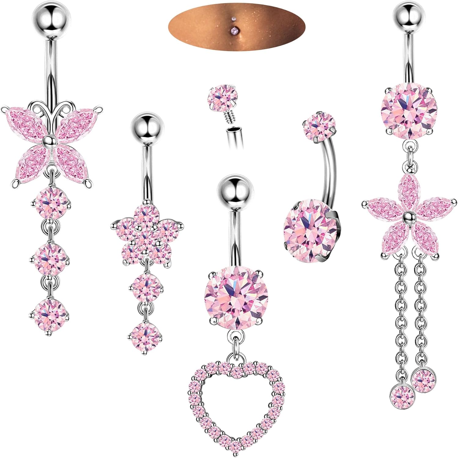14G Belly Button Piercing Rings for Women - Surgical Stainless Steel with Cute CZ Flower, Butterfly, and Heart Designs - Belly Rings Dangle Navel Piercing Jewelry (Pink/Gold/Silver - 我的商店我的商店我的商店