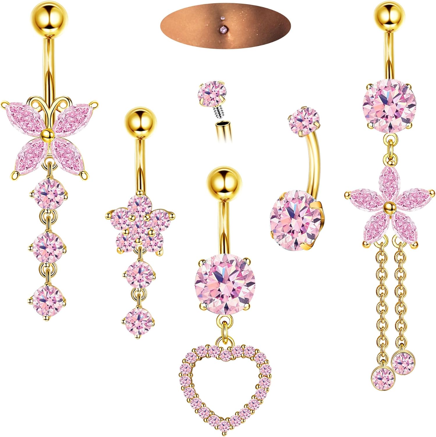 14G Belly Button Piercing Rings for Women - Surgical Stainless Steel with Cute CZ Flower, Butterfly, and Heart Designs - Belly Rings Dangle Navel Piercing Jewelry (Pink/Gold/Silver - 我的商店我的商店我的商店