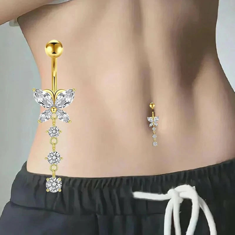 6mm & 10mm 14G Stainless Steel Diamond  Dangle Belly Button Rings With Butterfly Bar Navel Piercings