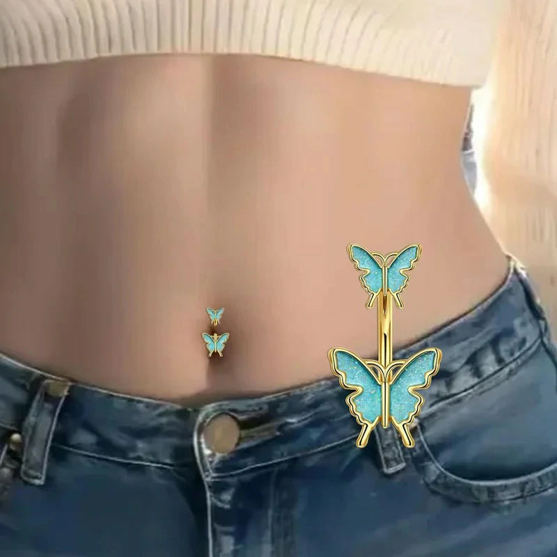 6mm & 10mm 14G Stainless Steel Diamond  Dangle Belly Button Rings With Butterfly Bar Navel Piercings