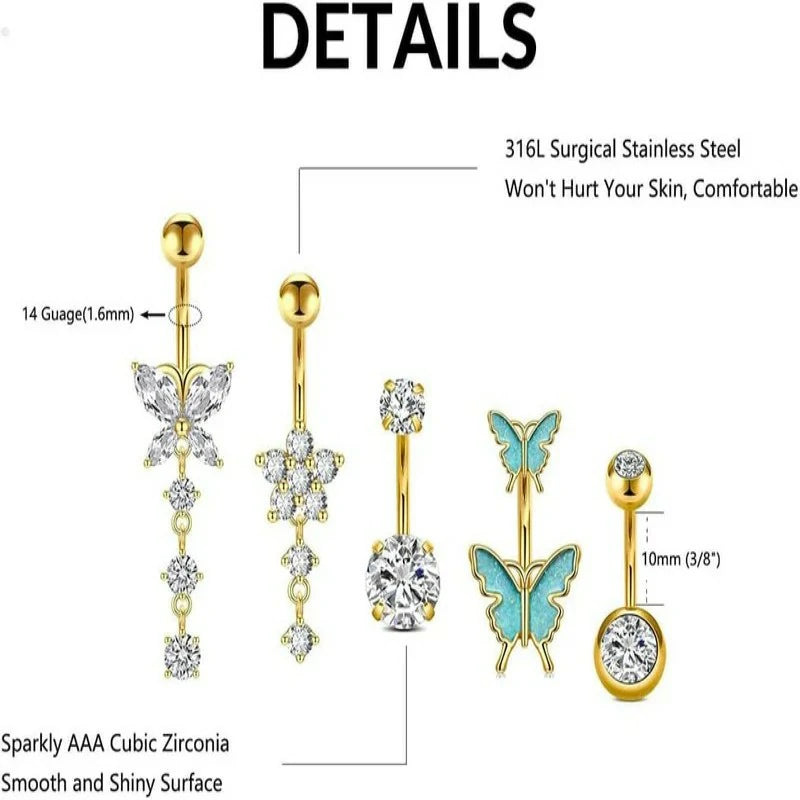 6mm & 10mm 14G Stainless Steel Diamond  Dangle Belly Button Rings With Butterfly Bar Navel Piercings