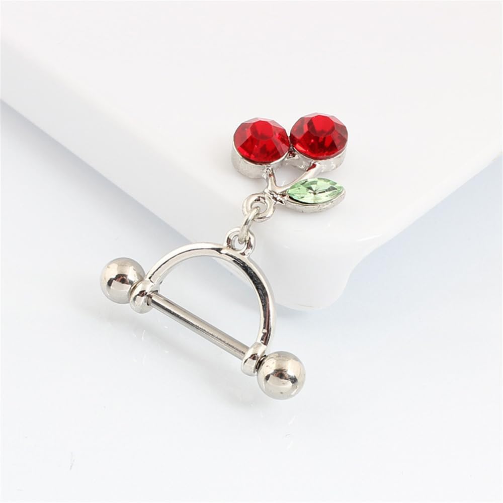 14G Cherry Dangle Nipple Ring Stainless Steel Red Crystal Sweet Fruit Bar Nipple Studs Nipplerings 1.6mm Barbell Body Piercing Jewelry for Women - QIAO CrystalQIAO CrystalQIAO Crystal
