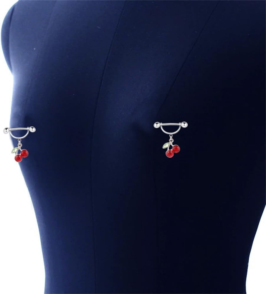 14G Cherry Dangle Nipple Ring Stainless Steel Red Crystal Sweet Fruit Bar Nipple Studs Nipplerings 1.6mm Barbell Body Piercing Jewelry for Women - QIAO CrystalQIAO CrystalQIAO Crystal