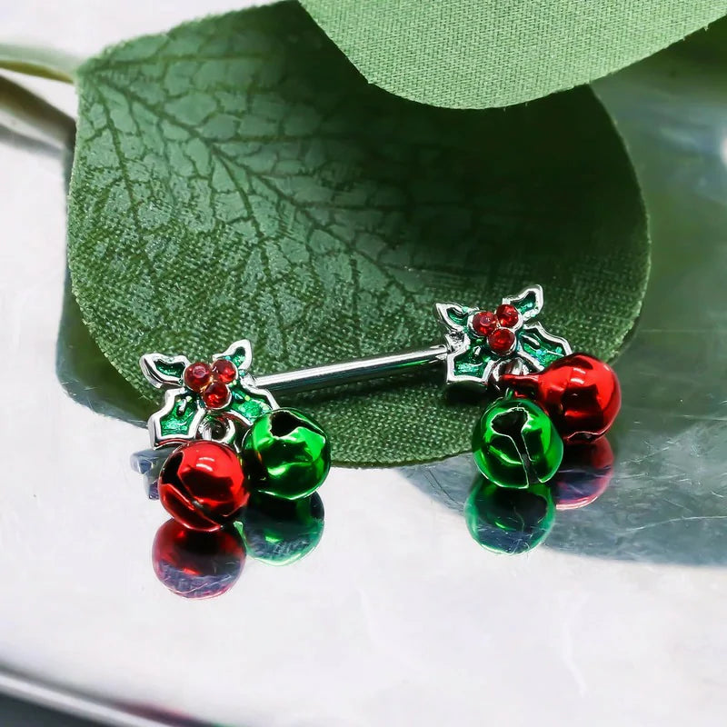 14G Christmas Nipple Barbell Jingling Bell Ring 316L Surgical Stainless Steel Women's Nipple Rings