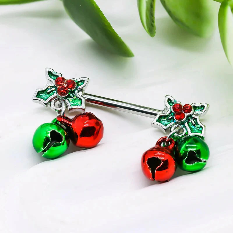 14G Christmas Nipple Barbell Jingling Bell Ring 316L Surgical Stainless Steel Women's Nipple Rings