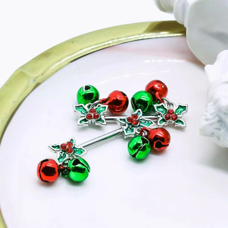 14G Christmas Nipple Barbell Jingling Bell Ring 316L Surgical Stainless Steel Women's Nipple Rings