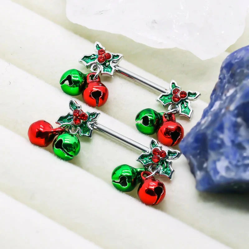 14G Christmas Nipple Barbell Jingling Bell Ring 316L Surgical Stainless Steel Women's Nipple Rings