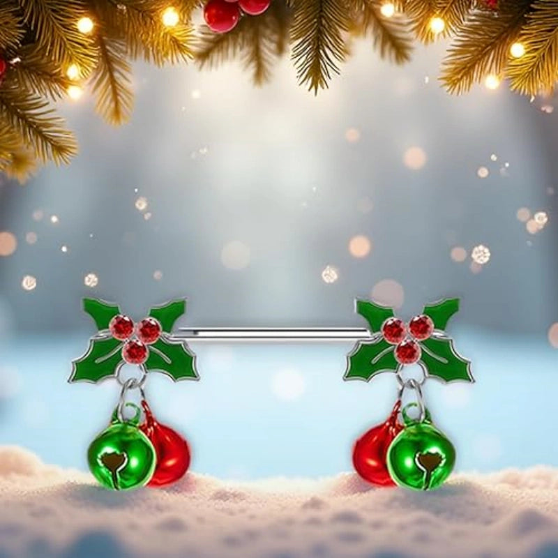 Festive-themed photo of a person wearing the Christmas bell barbell under a cozy holiday sweater, hinting at subtle jingling