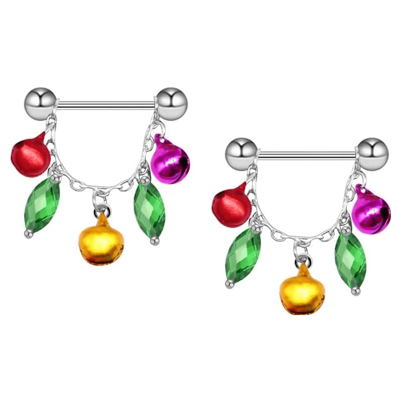 14G Christmas tassels Barbell Nipple Piercing Jewelry for Women Red Green Gold Ball Crystal Cubic Zircon Jingle Bell Dangle Nipple Tongue Rings Xmas Gift - QIAO CrystalQIAO CrystalQIAO Crystal